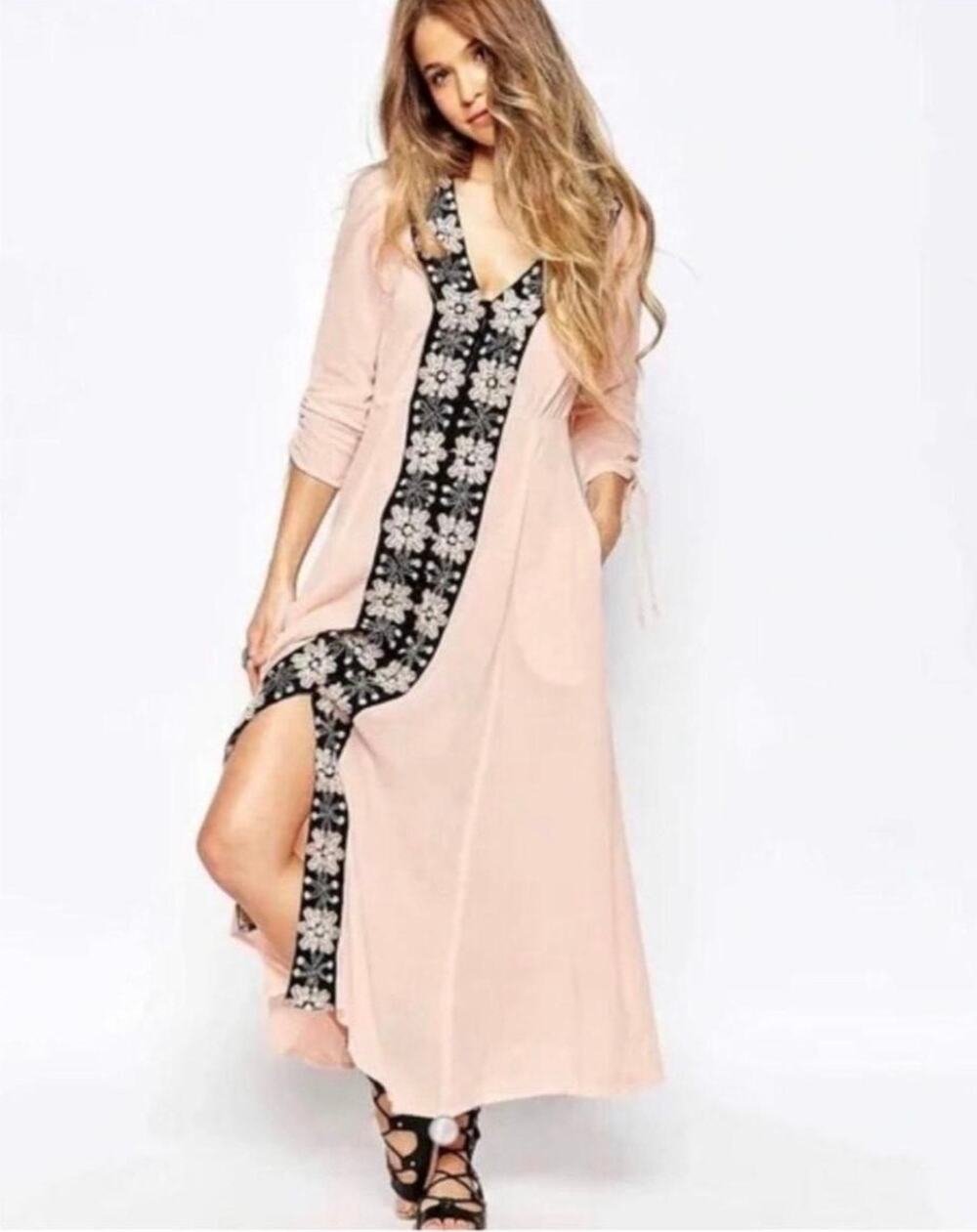 Free People Journey To The Horizon Embroidered Maxi Dress Pink Multi Size 8